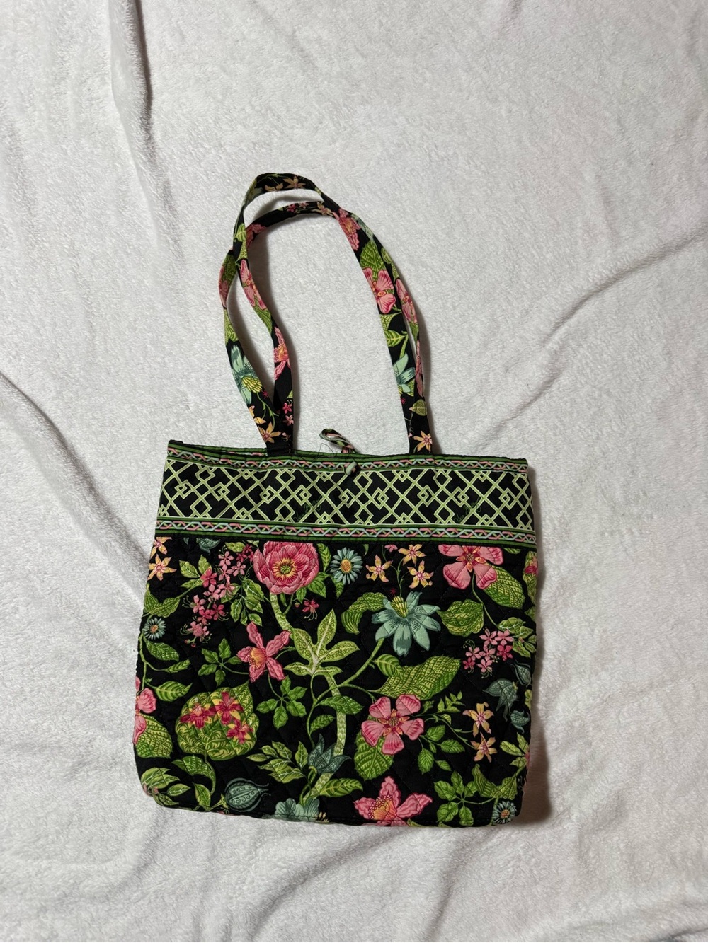 Vera Bradley Black Quilted Tote with Pink & Green Floral Pattern